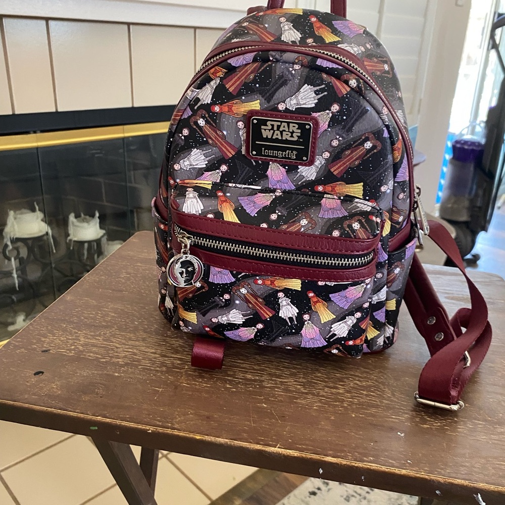 Loungefly Burgundy Trim Mini Backpack with Colorful Character Print